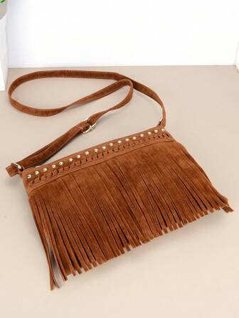 1PC Handmade Weaving Women's Tassel Crossbody Bags For Travel/Commuter/Party, Rivet Decoration Small Fringe Shoulder Bag For Gifts, Vintage Ladies Clutch Adjusted Strap Handbags And Purses
