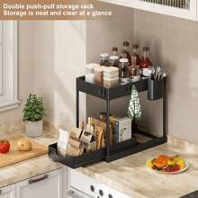 Organizador de fregadero negro con 1 cajón, adecuado para almacenamiento en gabinetes de baño y cocina, cesta de almacenamiento, estantería deslizable multifuncional de plástico ABS, organizador de hogar, se adapta a espacios pequeños