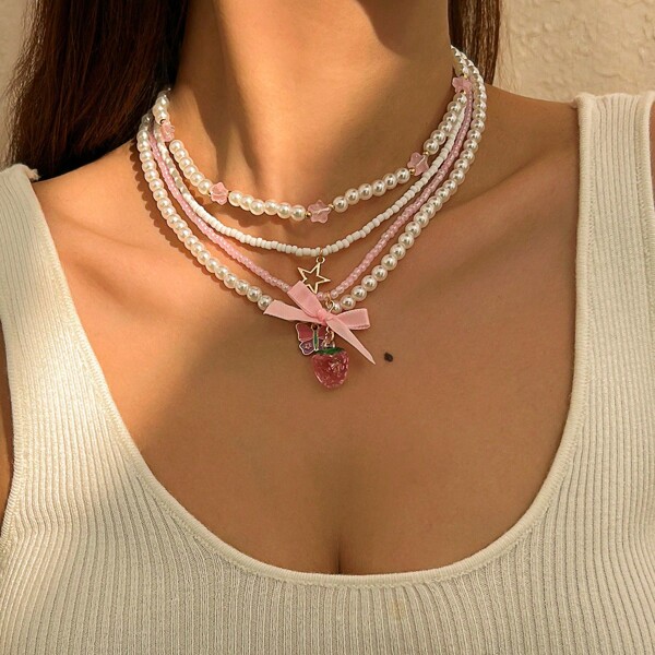4pcs/Set Adorable Strawberry Pendant Necklace With Cultured Pearl Charm, Multilayered Alloy Necklace For Women, Fashionable & Versatile Accessory