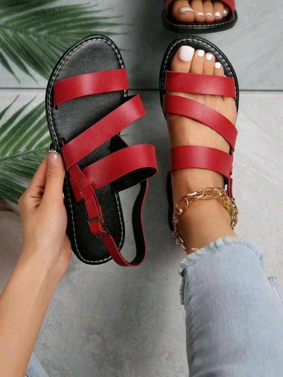 2025 Women Plus Size Summer Fashion Casual Outdoor Elegant Strappy Sandals - Red - View 1