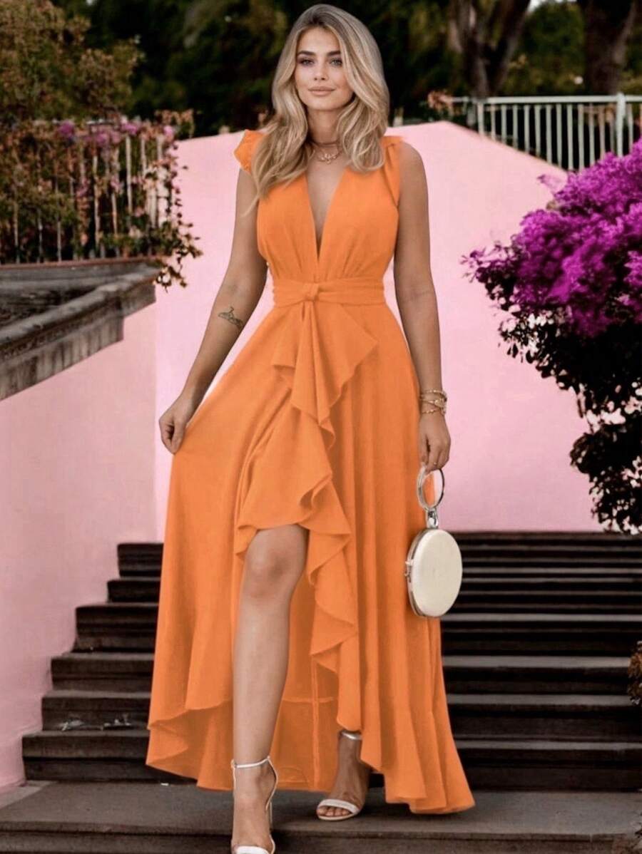 Women's Formal Dress With Ruffle, V-Neck, Side Slit, Belt, And Off-The-Shoulder - Orange - View 1