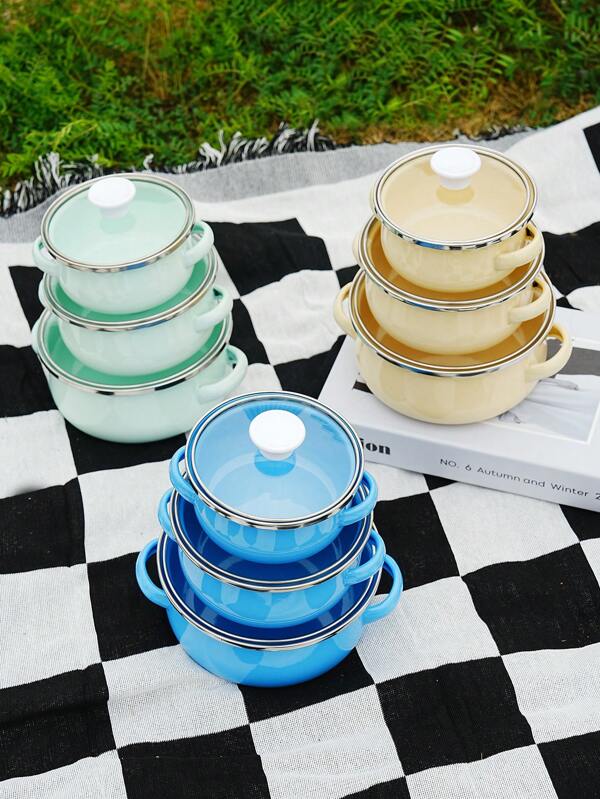 1 Set de 3 piezas Serie Macarrón esmaltado, que incluye olla esmaltada, olla de fideos esmaltada de colores, olla esmaltada resistente a altas temperaturas de múltiples funciones, olla portátil para sopa para camping y picnic al aire libre