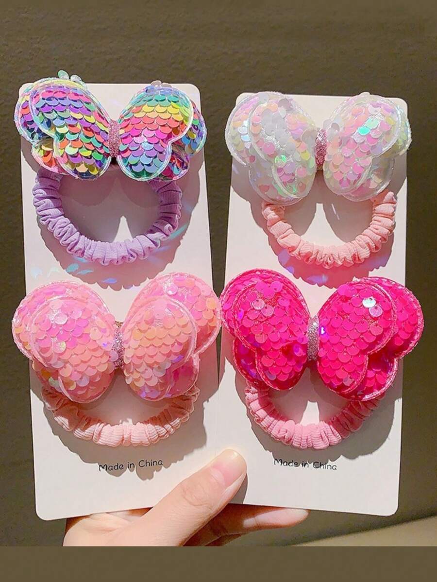 1 Pc Sequin Butterfly Elastic Hair Tie, Children Hair Scrunchies Non-Damaging For Ponytail, Girls Hair Bands Hairlips, Daily Use Hair Accessories, No Cardboard