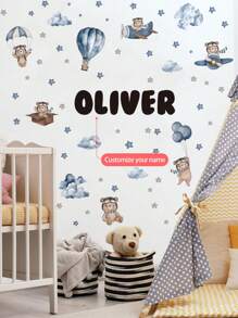 1pc Cartoon Bear Hot Air Balloon Airplane Cloud Star Peel And Stick Wall Decal, Customizable Text Wall Decor, Decorate Your Home Space In Bedroom, Living Room, Study, Self-Adhesive, PVC Removable Gifts Birthday Graduation - Blue - View 2