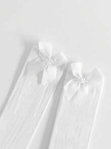 1 Pair Girls Velvet Solid Over-The-Knee Socks With Cute Bow, Stretchy Non-Binding Thin Calf High Socks - Multicolor - View 2