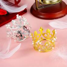 6pcs Mini Pearl Beaded Crown Shaped Cake Toppers, Perfect For Birthday Party Decorations,Valentine's Day - Silver - View 6