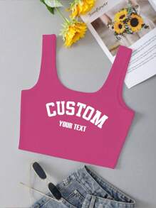 Quà tặng cá nhân hóa, Áo tank top ngắn nữ tùy chỉnh, có thể thêm chữ (câu nói/cụm từ/tên/số/khẩu hiệu, v.v.) - Màu Hồng Tươi - Xem 4