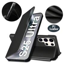 1个黑色PU皮革支架保护套,带显示窗口,可折叠翻盖,时尚皮革纹理,360°全方位保护,奢华硬壳,兼容三星Galaxy、苹果、红米手机,国际版,非国内版 - 黑色 - 查看 2