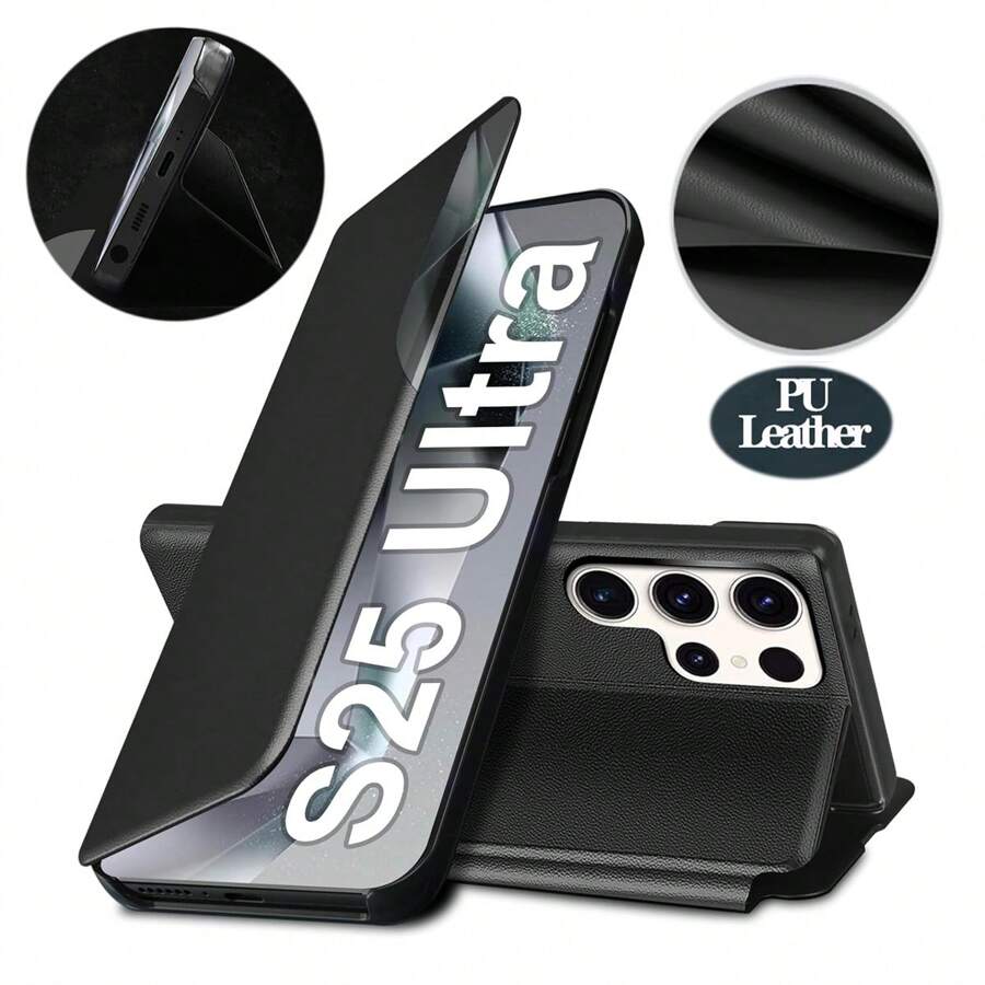 1个黑色PU皮革支架保护套，带显示窗口，可折叠翻盖，时尚皮革纹理，360°全方位保护，奢华硬壳，兼容三星Galaxy、苹果、红米手机，国际版，非国内版