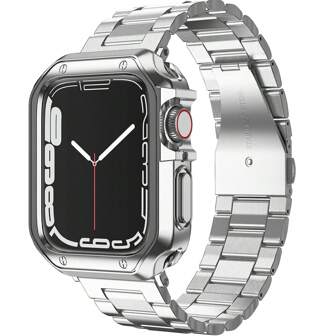 2 合 1 硅胶保护壳 + 不锈钢金属表带，适用于 Apple Watch 表带和表壳，带 TPU 盖的不锈钢金属链，智能手表链式表带，适用于 Apple Watch Series 10 9 8 7 6 5 4 3 2 1 SE 的腕带，49mm 46mm 45mm 44mm 42mm 40mm 41mm 38mm + 工具，银色