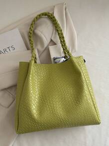 1 pièce Sac fourre-tout décontracté pour femmes, grande capacité, design minimaliste couleur unie 2025, sac à bandoulière polyvalent, motif gaufré unique, bandoulière confortable, convient pour l'université, les courses, les sorties, avec ruban - Vert - Voir 6