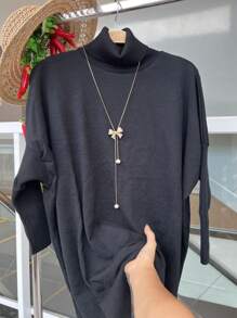 WOMEN'S HIGH NECK MODAL KNITTING PONCHO - 黑色 - 查看 1