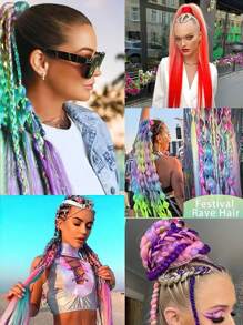 Synthetic Colorful Ponytail Extension 2Pcs Long Straight DIY Braided Pony Tail Hairpiece With Rubber Band Kids Hair Accessories - Hot Pink - View 5