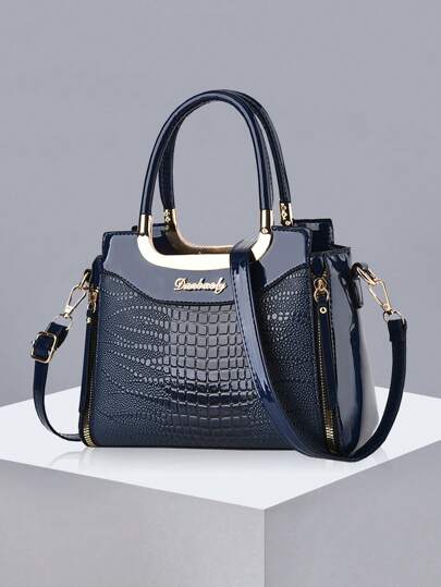 Solid Color Crocodile Embossed Square Handbag, Tote Bag, Classic Fashion Shoulder Bag, Ladies Textured Office Bag