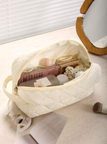 1Pc/Set Beige Quilting Makeup Bag With Soft Texture, Vintage Large Capacity Cosmetic Bag&Travel Organizer Handheld, Minimalism Cozy Foam Toiletry Big Set, Lightweight Fluffy Makeup Pouch, Home Decor, Delicate Gift For New Semester, Spring/Early Summer, Anniversary, Vacation, Trip, Back To School, Makeup Case, New Style In 2025.