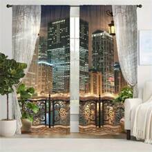 2 Pieces Of City Night Curtain, Simulate High-Rise Balcony Landscape, 3D Printing Sunshade, Suitable For Living Room, Bedroom, Study, Office. Hanging Modern Cityscape Curtain, Balcony Railing Night Scene Pattern, Translucent Sunshade, Easy To Install. 3D City Night Curtain, High-Rise Lighting Balcony View, Create A Romantic Atmosphere. - Màu xanh lam - Xem 1