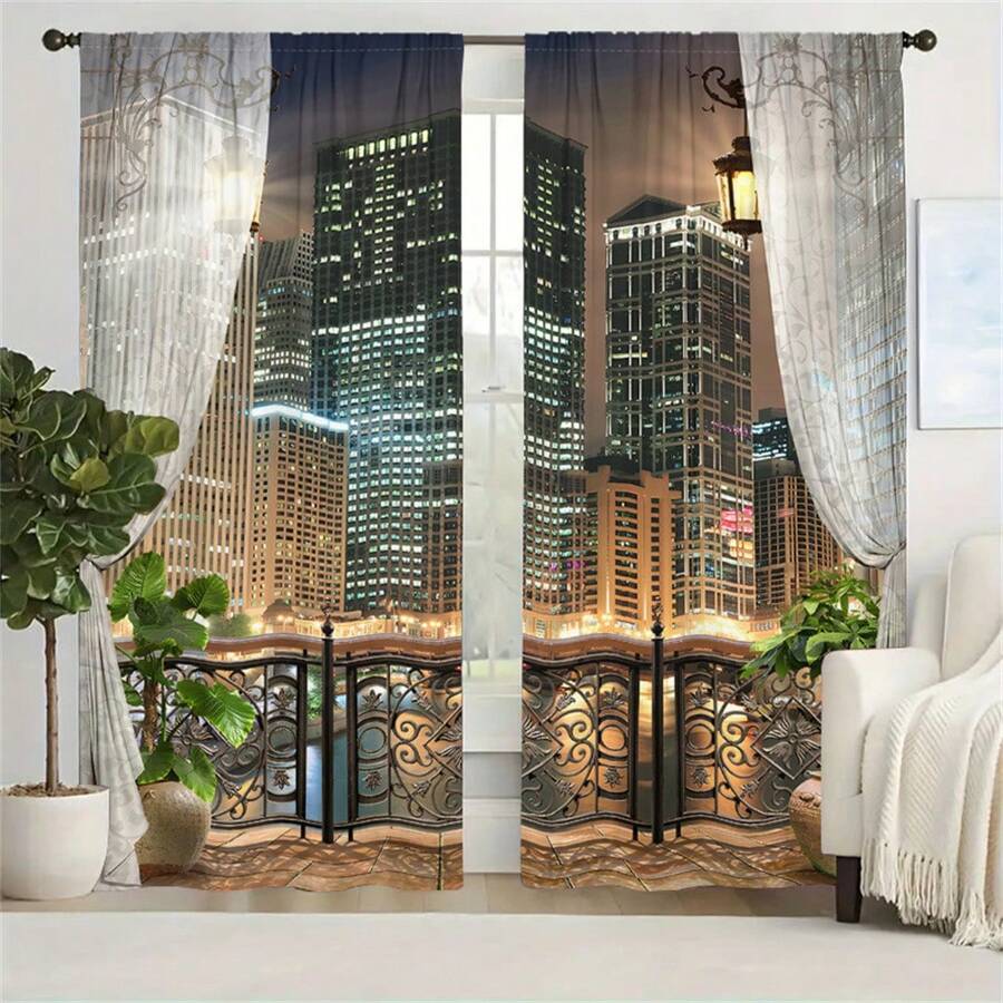 2 Pieces Of City Night Curtain, Simulate High-Rise Balcony Landscape, 3D Printing Sunshade, Suitable For Living Room, Bedroom, Study, Office. Hanging Modern Cityscape Curtain, Balcony Railing Night Scene Pattern, Translucent Sunshade, Easy To Install. 3D City Night Curtain, High-Rise Lighting Balcony View, Create A Romantic Atmosphere. - Màu xanh lam - Xem 1