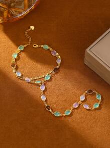 1 pieza Brazalete de mitones con cadena dorada simple, brazalete de mitones con cadena con flor y strass, moda para el verano, la playa y las vacaciones, regalo perfecto para uso diario, cumpleaños y fiestas