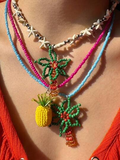 1 件手工串珠粉色和绿色椰子树、菠萝、海星吊坠项链，彩色多巴胺珠宝，极简主义 Y2K 海滩度假配饰