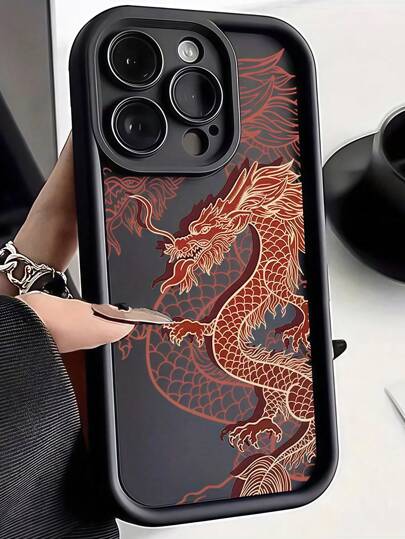1pc Red Dragon King Printed Matte Bamboo Full Body Anti-Fall TPU Phone Case, Compatible With Apple & Series Waterproof Shockproof Scratch Resistant
