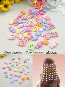 50 件马卡龙色可爱花朵、星星、糖果设计小发夹、青蛙夹、儿童编织发饰 - 彩色 - 查看 14