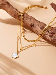 1 Multi-Layered Wear Retro Smooth Shell Floral Pendant Stainless Steel Three-Layer Petal Chain Necklace Suitable For Women's Daily Wear - Multicolor - View 7