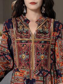 中东、阿拉伯、休闲、波西米亚、刺绣、文艺、复古、度假旅行长裙，端庄 - 彩色 - 查看 4