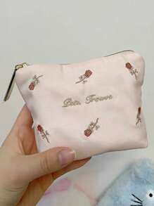 1 st. Roze geborduurde cosmetische tas met bloemen, lieflijk opbergzakje met rozenbloem, schattige mini make-uptas met rits