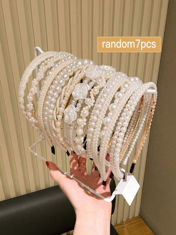 Set de 7 piezas de diademas elegantes de mujer con perlas artificiales incrustadas, combinación de múltiples estilos para uso diario y regalo, diademas, bandas para el cabello