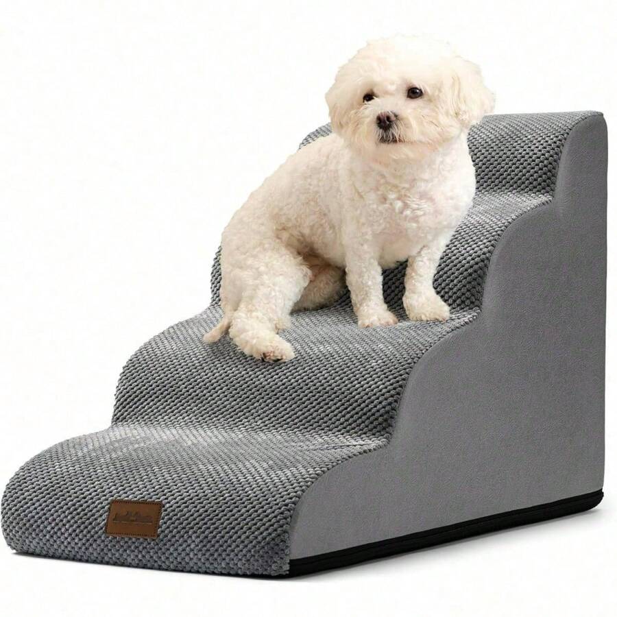 4 Steps 15.7x28.3x19.7in Grey Dog Stairs For 20" H Medium Bed - Small Dogs Ramp With Leakproof Fabric Cover, Foam Pet Steps For Cat, Couch, Sofa, Lightweight, Non-Slip, Durable, Comfortable