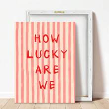 1 Stück gerahmtes dekoratives Leinwandbild, vintage, Wandkunst, Poster, "Wie glücklich sind wir", rosa-rote Streifen, ästhetische Heimdekoration, niedliches positives Zitat Geschenk, Mode, Wohnheimdekor, Mädchenzimmer, Zitate