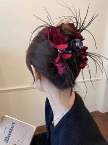 1 件羽毛花瓣装饰大发爪夹，时尚个性化女士发夹，适合宴会和派对 - 彩色 - 查看 9