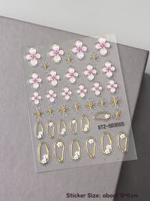 2pcs White Pink Hibiscus Flower Wedding Nails 5D Embossed Nail Art Stickers, French Tips Nails Charm Golden Line & Star Beads Soft Carving Self Adhesive Blooming Floral Design Nail Art Decals For Nail Art Decoration, Nail Supplies