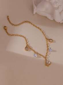 1pc Elegant 18K Stainless Steel Cubic Zirconia Butterfly Tassel Single Layer Anklet Suitable For Women Everyday & Holiday Wear - Butterfly - View 3
