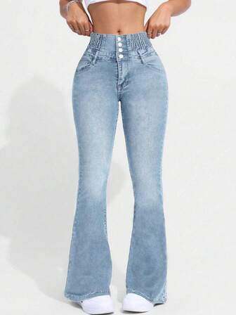 Pantaloni a zampa in denim elasticizzato slim-fit a vestibilità aderente monopetto da donna