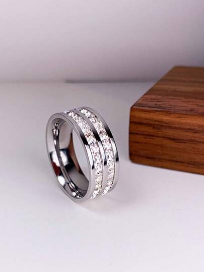 1pc Stainless Steel Starry Diamond Rhinestone Decorated Fashion Rings, Fade-Resistant, Versatile For Men & Women, Couples