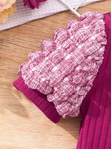 Vestido casual de punto de unicolor de manga corta con textura para niñas [Incluye bolso]