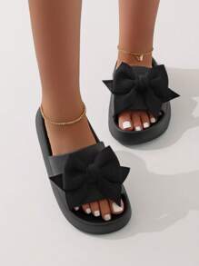 Süße und niedliche Farbblock Baumwoll-Schlüpfschuhe mit Schleife für Damen, Strandstil