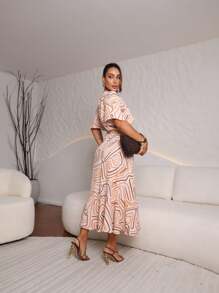 Printed Wrap Dress With Tie - 米色 - 查看 2