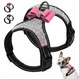 1pc Reflective Pink Korean Plush Rhinestone Dog Harness, Adjustable Size, Breathable, Red & Black Color