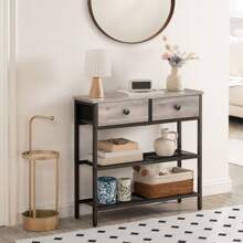 29.5" Narrow Console Table With 2 Fabric Drawers, Small Entryway Table With 3-Tier Storage Shelves, Thin Sofa Table, Side Table, For Living Room, Hallway, Greige And Rustic Brown - Grey - View 2