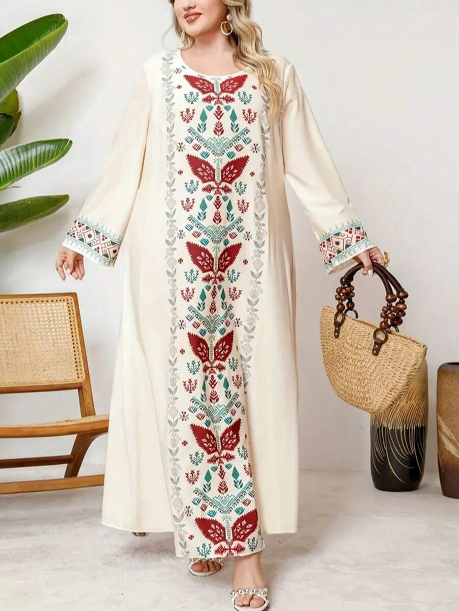 Women's Plant Print Round Neck Long Sleeve Loose Arabic Dress - Multicolor - View 1