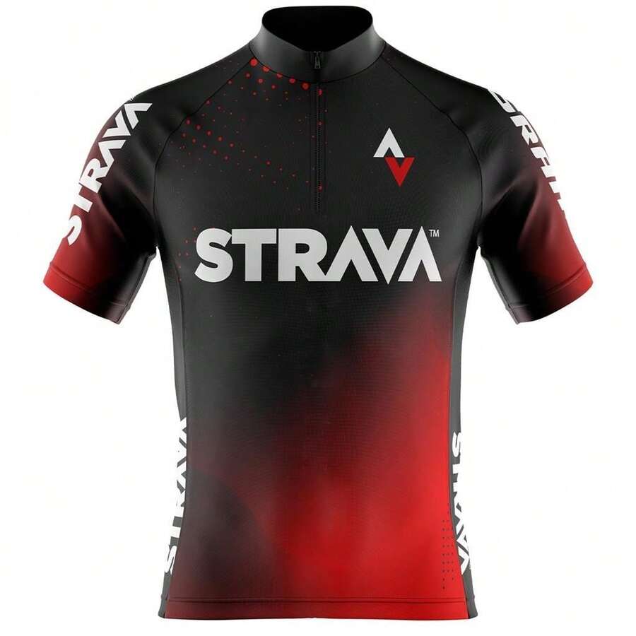 Strava Men's Black And Red Cycling Jersey With Pockets, UV 50+ Protection - 黑色 - 查看 1