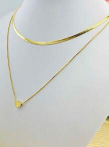 Colar Feminino Corrente Dupla Laminado Fileira Com Coração Luxo Folheado Ajustável Choker - Dourado - Visão 2