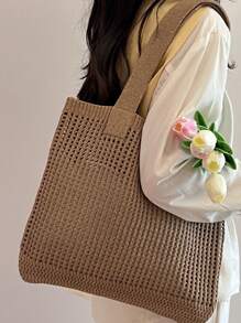 1pc Fashionable Knitted Tote Bag, Mesh Beach Handbag For Summer Vacation, Boho Knit Bag - Large Capacity Women Shoulder Bag