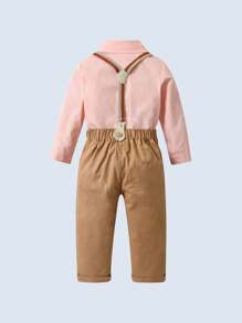 BOARNSEORL 2pcs Young Boys Gentleman Outfit - Long Sleeve Shirt With Bowknot And Khaki Suspender Pants, Stylish & Outfit For Birthday Party, Wedding, Formal Occasions - 卡其色 - 查看 4