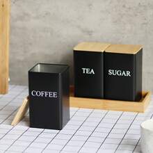 3pcs Coffee, Sugar Storage Set With Bamboo Lid, Metal Food Storage Containers For Tea, Coffee, Sugar, Candy, Kitchen Organization