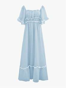 PoPoHouse Women's Dress Summer Vacation Casual Color Contrast Skirt With Ruffled Puffy Sleeves - Blue - View 7