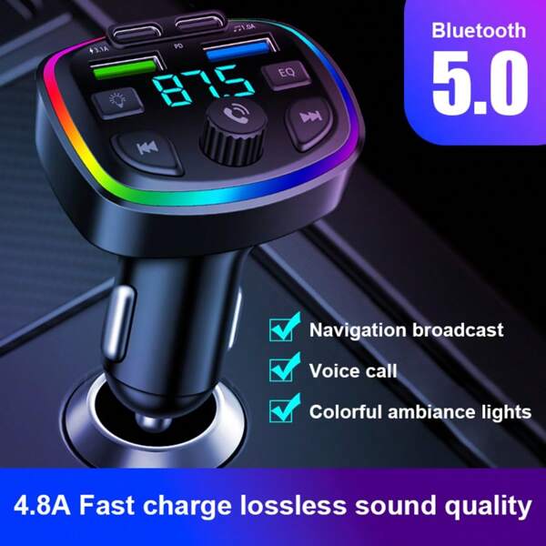 Nuokaiqi Nuokaiqi Chargeur de voiture avec design d'éclairage 7 couleurs, appel mains libres Bluetooth, émetteur FM, MP3, port USB 3.1A, accessoires de voiture avec charge rapide PD