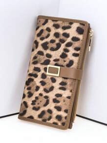 Billetera de mujer de estilo largo, bloques de color, moda estampado de leopardo y corteza, portacartillas multifuncional, bolsillo elegante con botón de presión, gran capacidad, monedero con cierre, conveniente para llevar, adecuado para regalos de vacaciones